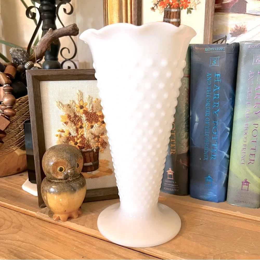 Vintage Fire King Dots and Dash 9” Tall Milkglass Vase- Mid Century Mod